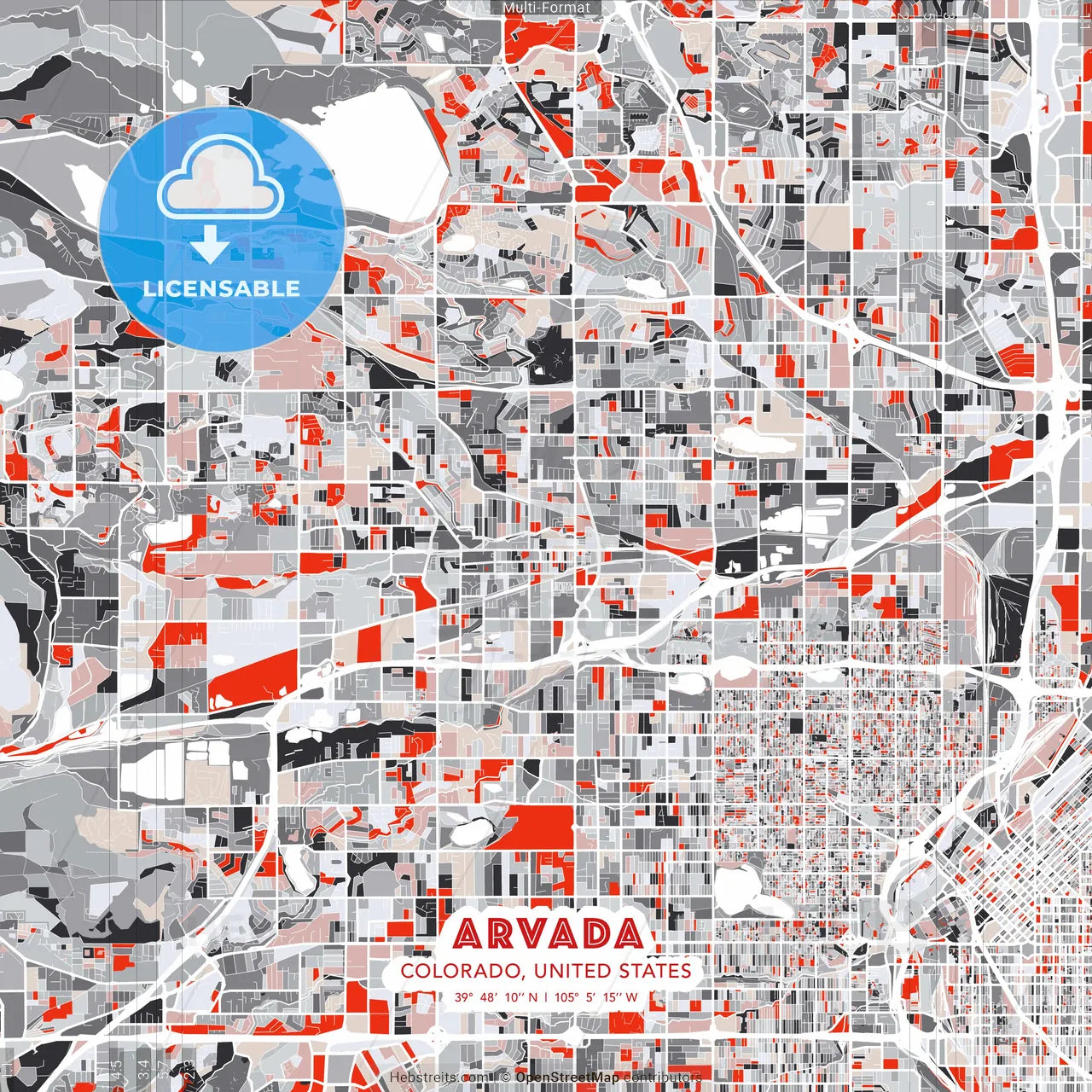 Arvada, Colorado, United States - modern street map poster template with gray and red tones
