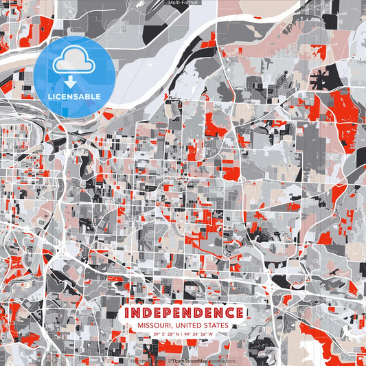 Independence, Missouri, United States - modern street map poster template with gray and red tones
