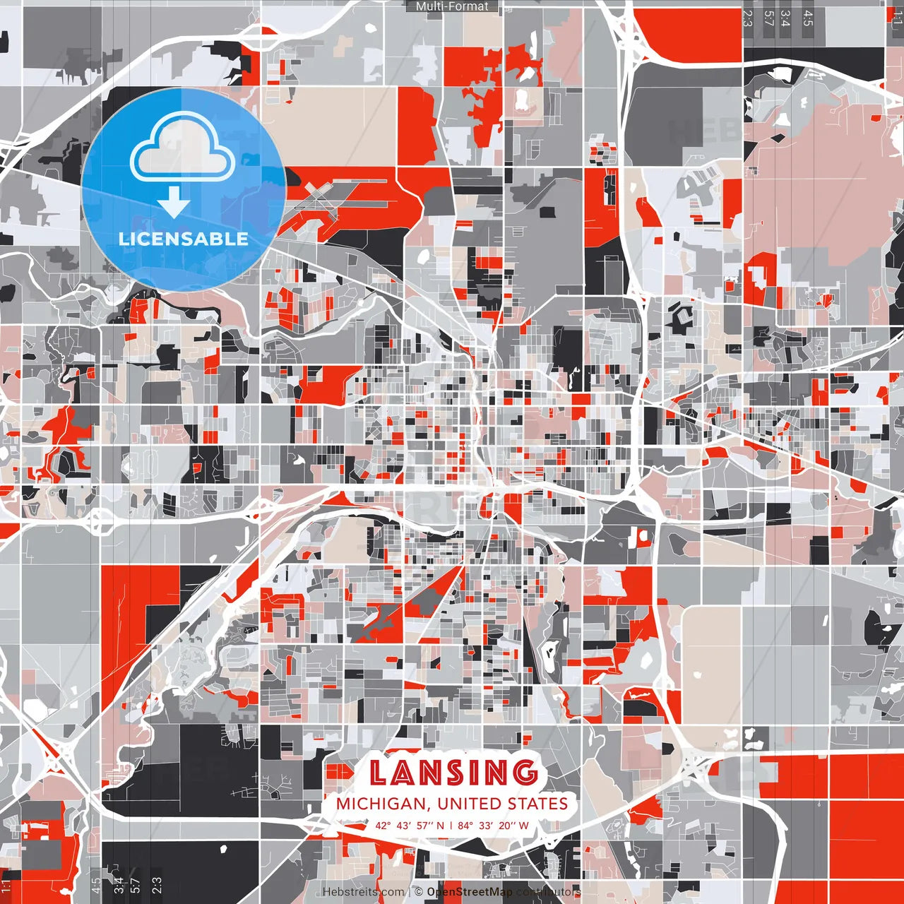 Lansing, Michigan, United States - modern street map poster template with gray and red tones