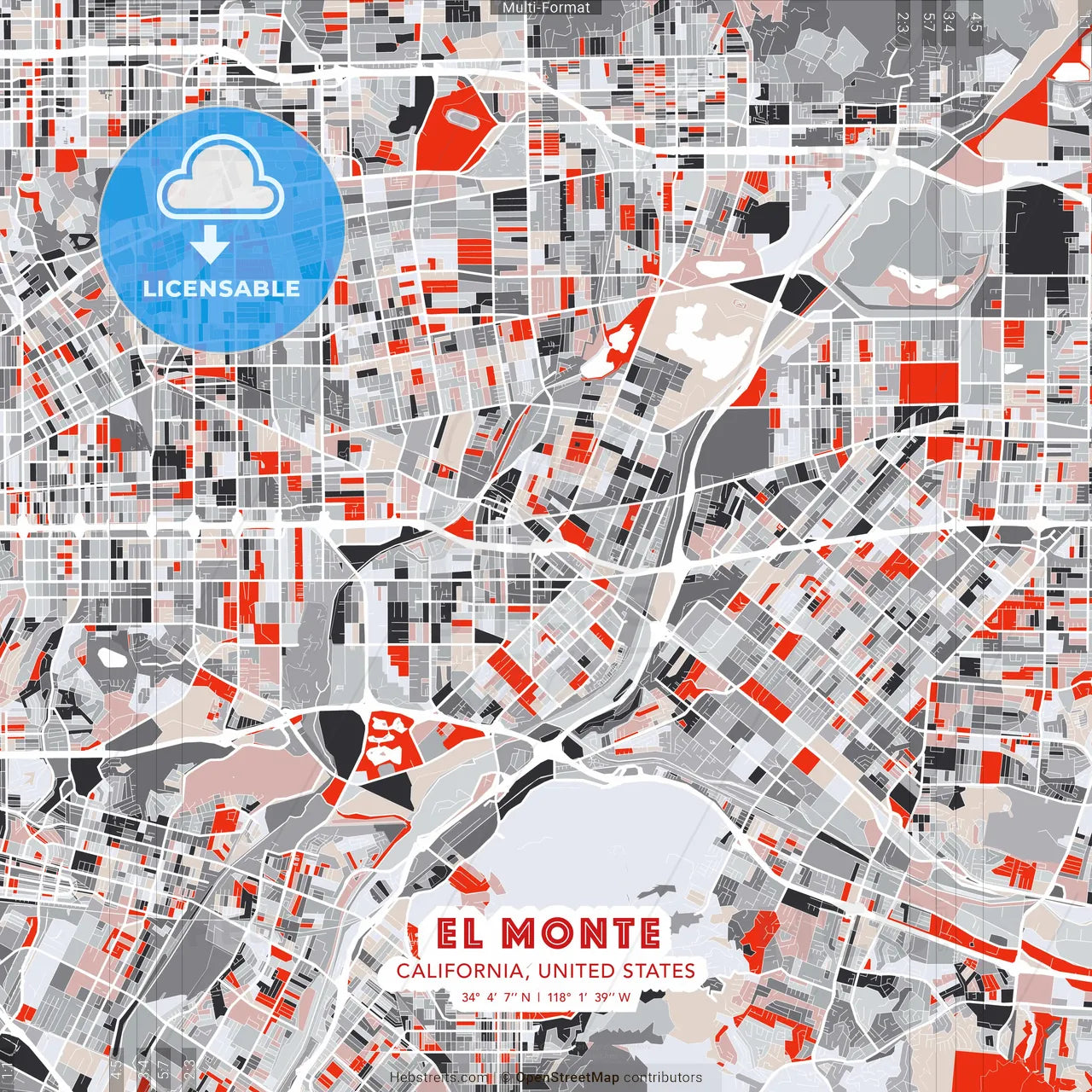 El Monte, California, United States - modern street map poster template with gray and red tones