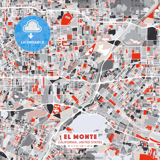 El Monte, California, United States - modern street map poster template with gray and red tones