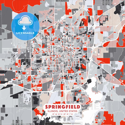 Springfield, Illinois, United States - modern street map poster template with gray and red tones