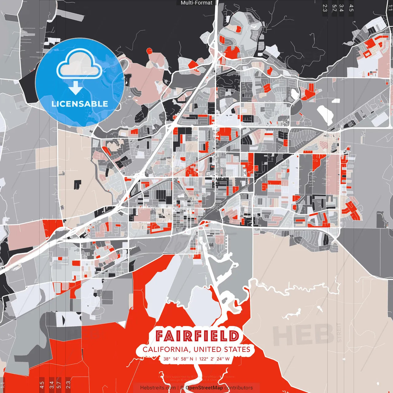 Fairfield, California, United States - modern street map poster template with gray and red tones