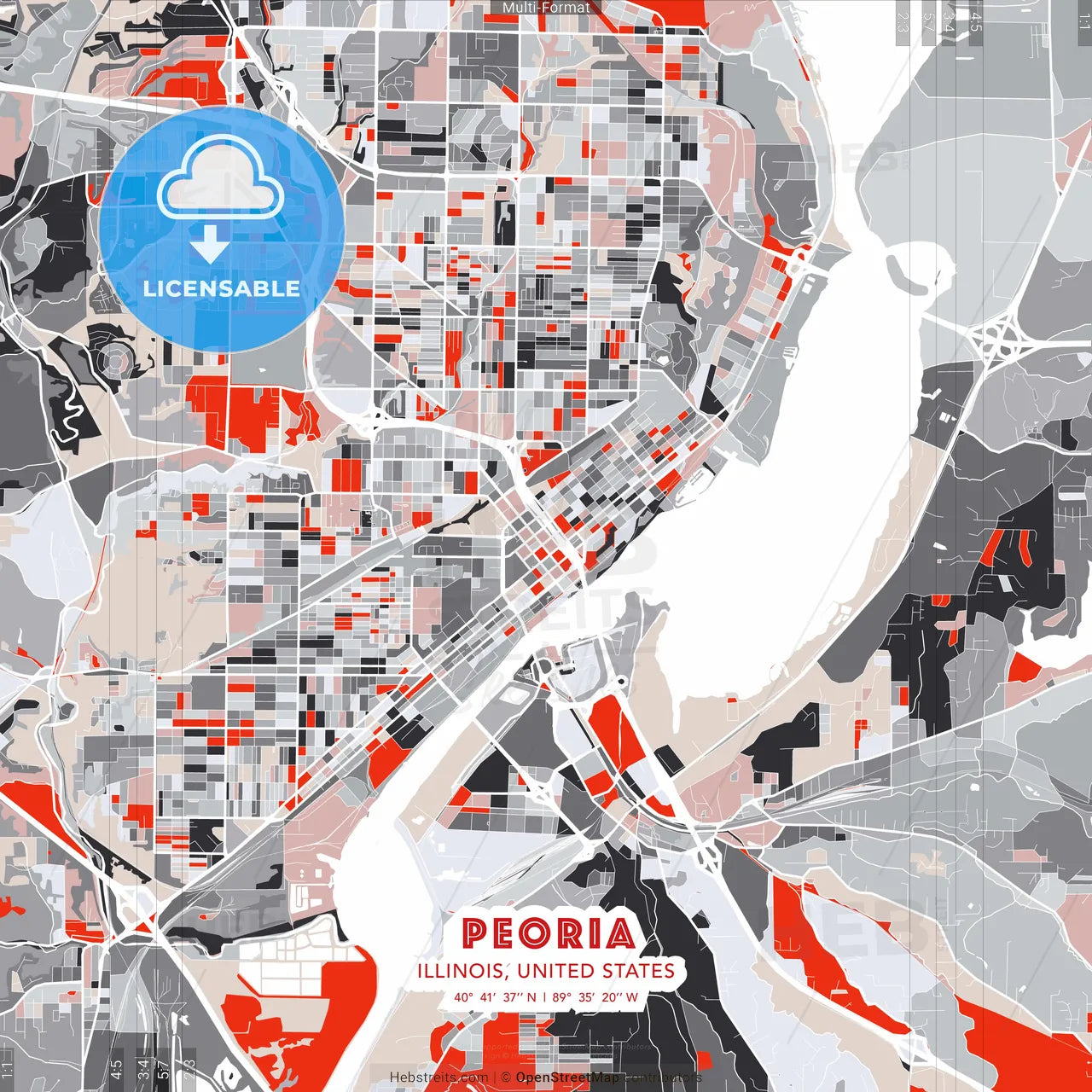 Peoria, Illinois, United States - modern street map poster template with gray and red tones