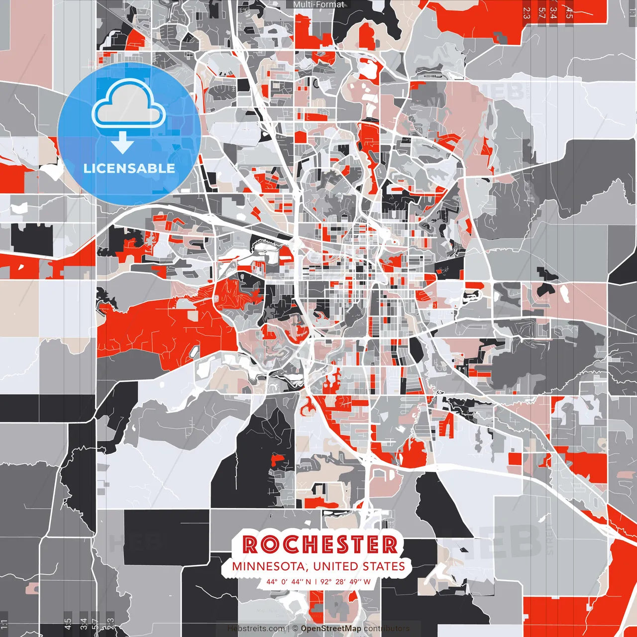 Rochester, Minnesota, United States - modern street map poster template with gray and red tones