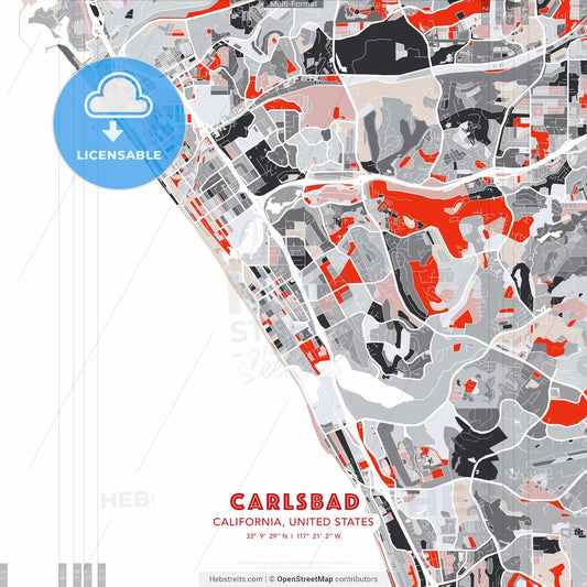 Carlsbad, California, United States - modern street map poster template with gray and red tones
