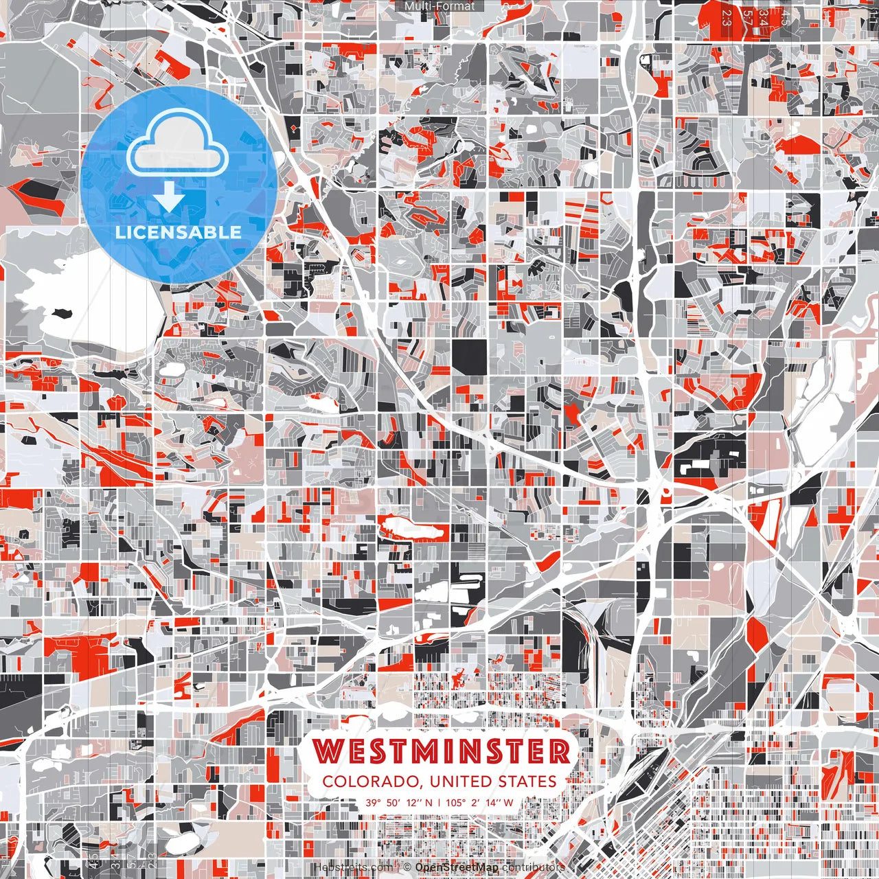 Westminster, Colorado, United States - modern street map poster template with gray and red tones