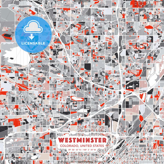 Westminster, Colorado, United States - modern street map poster template with gray and red tones