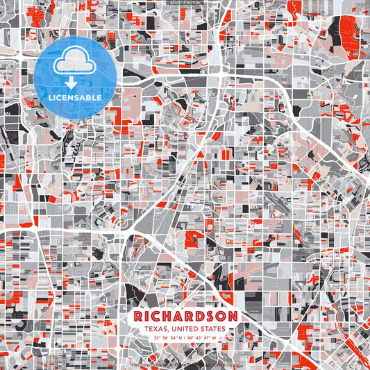 Richardson, Texas, United States - modern street map poster template with gray and red tones