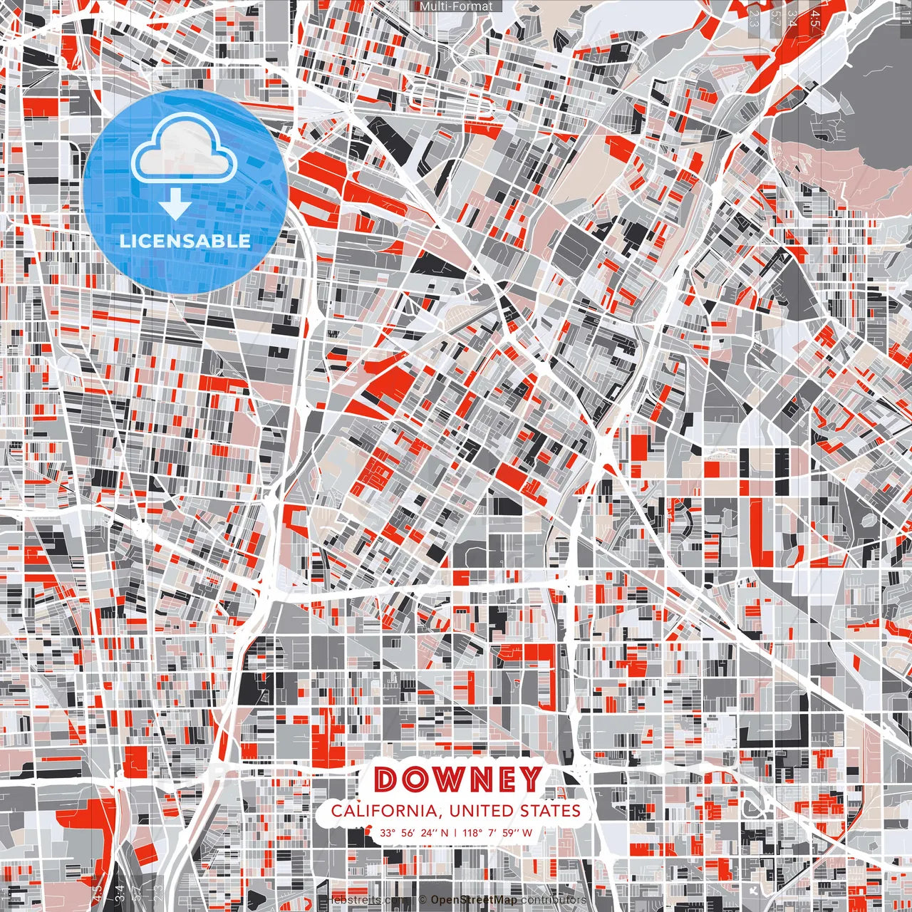Downey, California, United States - modern street map poster template with gray and red tones