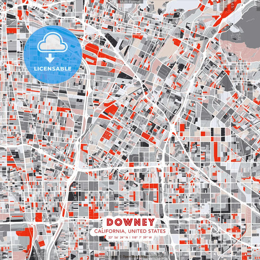 Downey, California, United States - modern street map poster template with gray and red tones