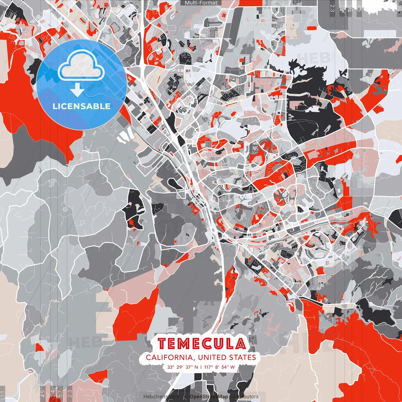 Temecula, California, United States - modern street map poster template with gray and red tones