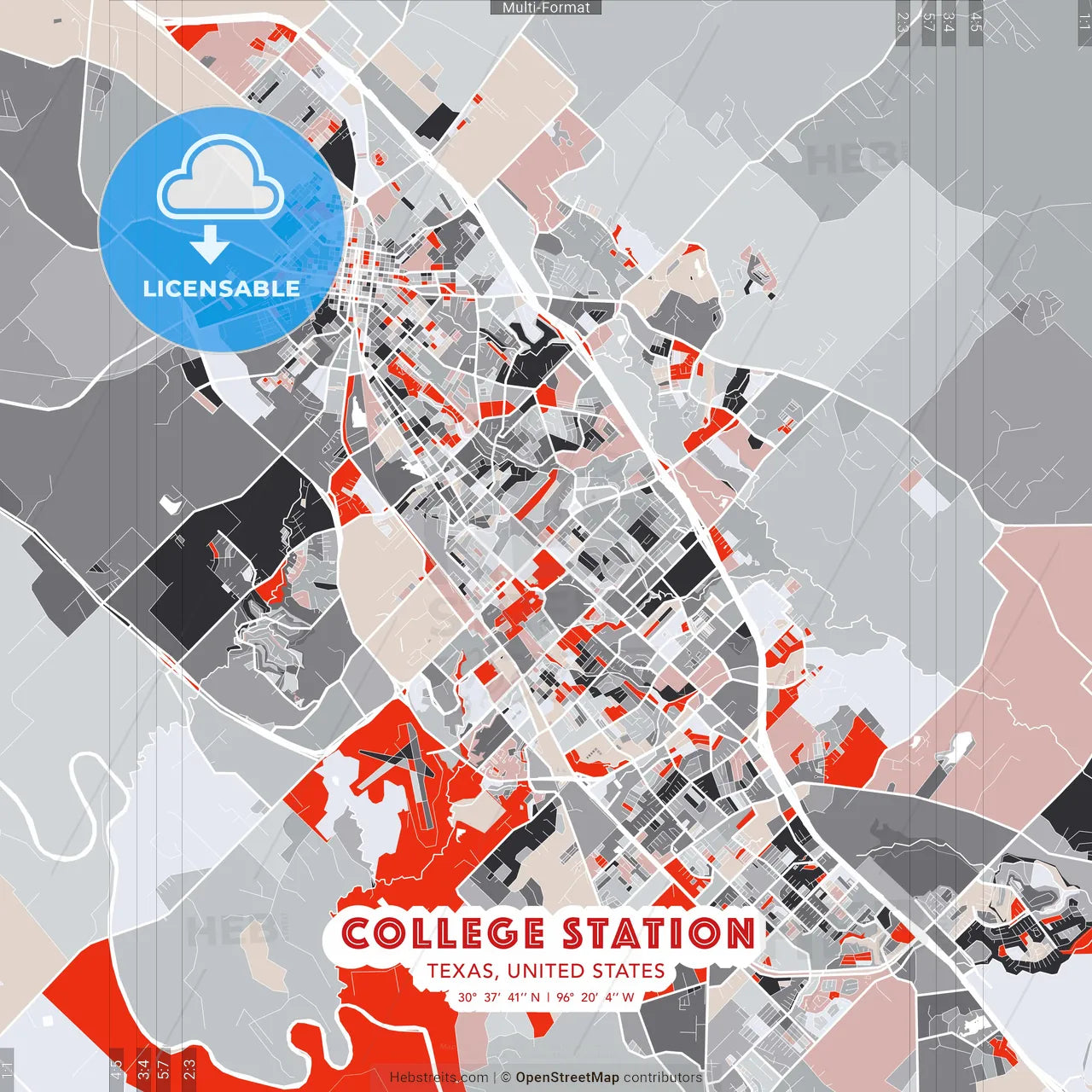 College Station, Texas, United States - modern street map poster template with gray and red tones