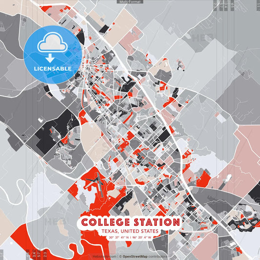 College Station, Texas, United States - modern street map poster template with gray and red tones