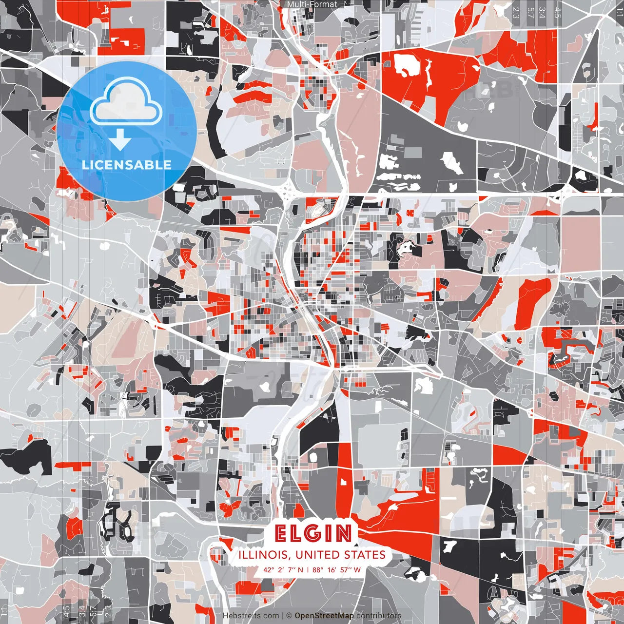 Elgin, Illinois, United States - modern street map poster template with gray and red tones