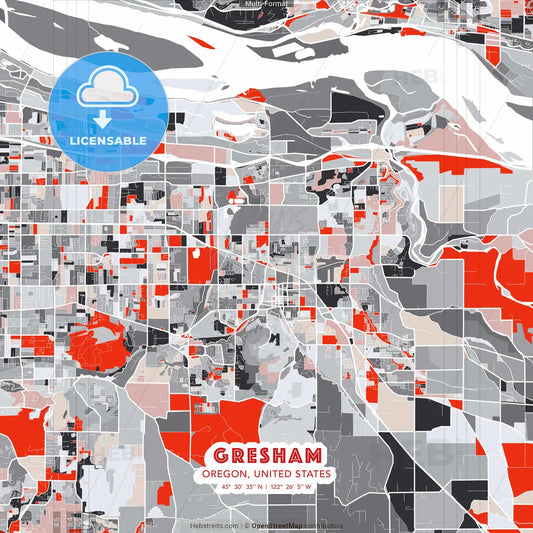 Gresham, Oregon, United States - modern street map poster template with gray and red tones