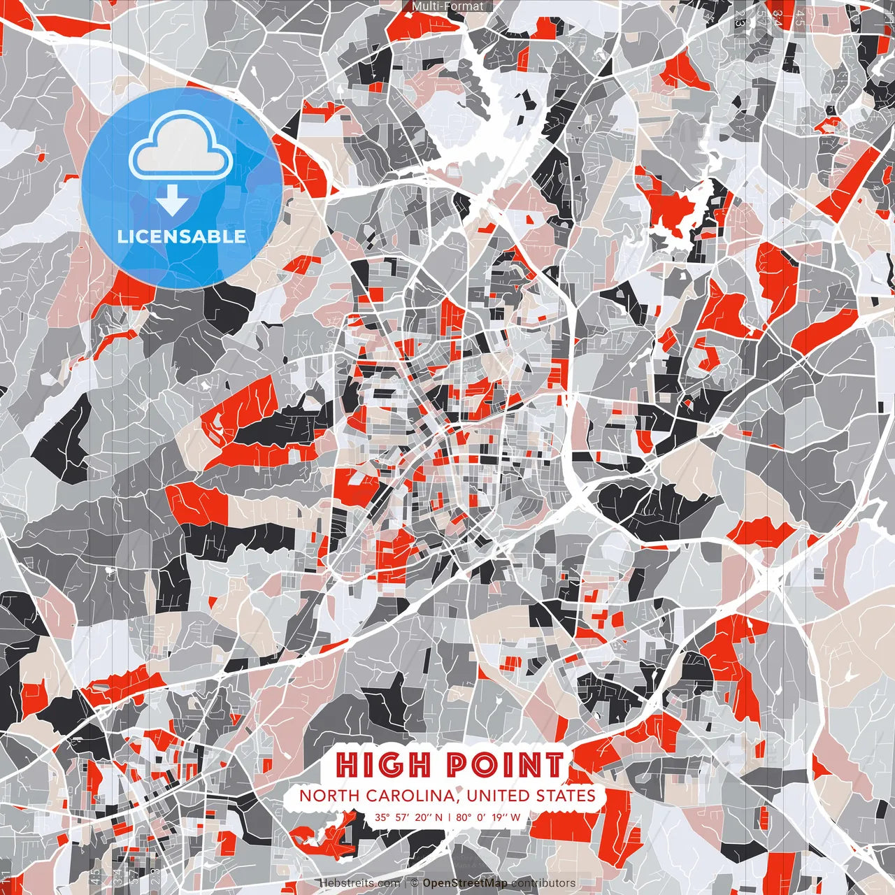 High Point, North Carolina, United States - modern street map poster template with gray and red tones