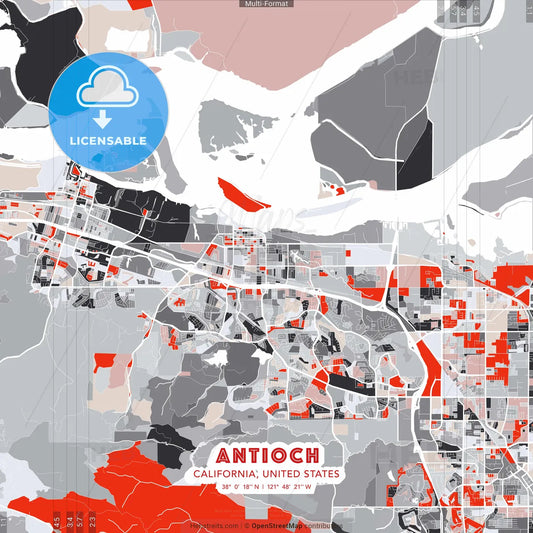 Antioch, California, United States - modern street map poster template with gray and red tones