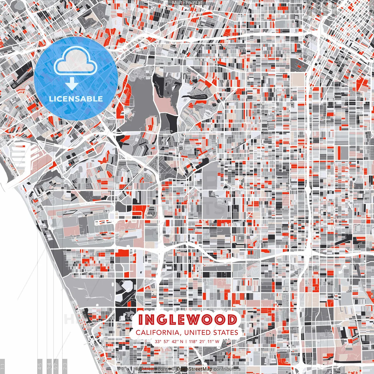 Inglewood, California, United States - modern street map poster template with gray and red tones