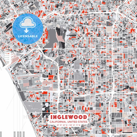 Inglewood, California, United States - modern street map poster template with gray and red tones