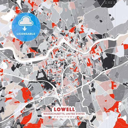 Lowell, Massachusetts, United States - modern street map poster template with gray and red tones