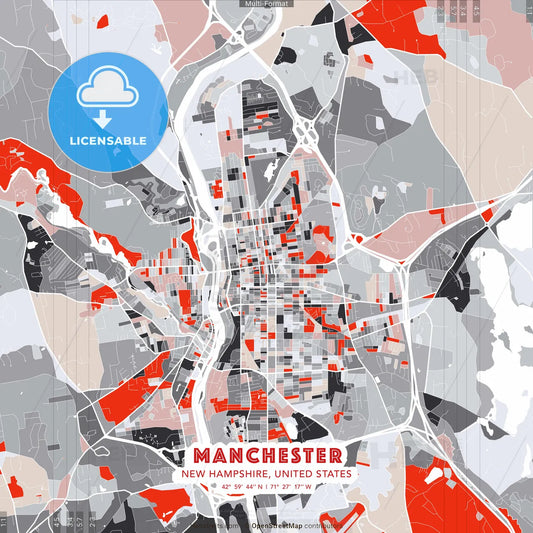 Manchester, New Hampshire, United States - modern street map poster template with gray and red tones