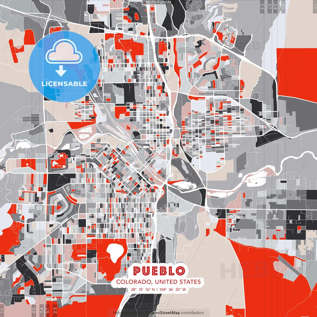 Pueblo, Colorado, United States - modern street map poster template with gray and red tones