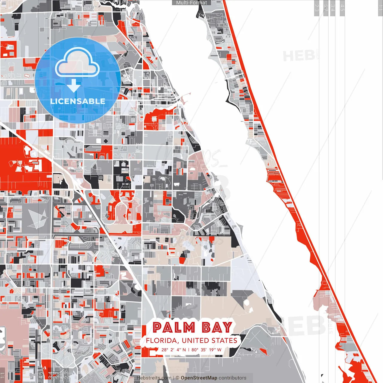 Palm Bay, Florida, United States - modern street map poster template with gray and red tones
