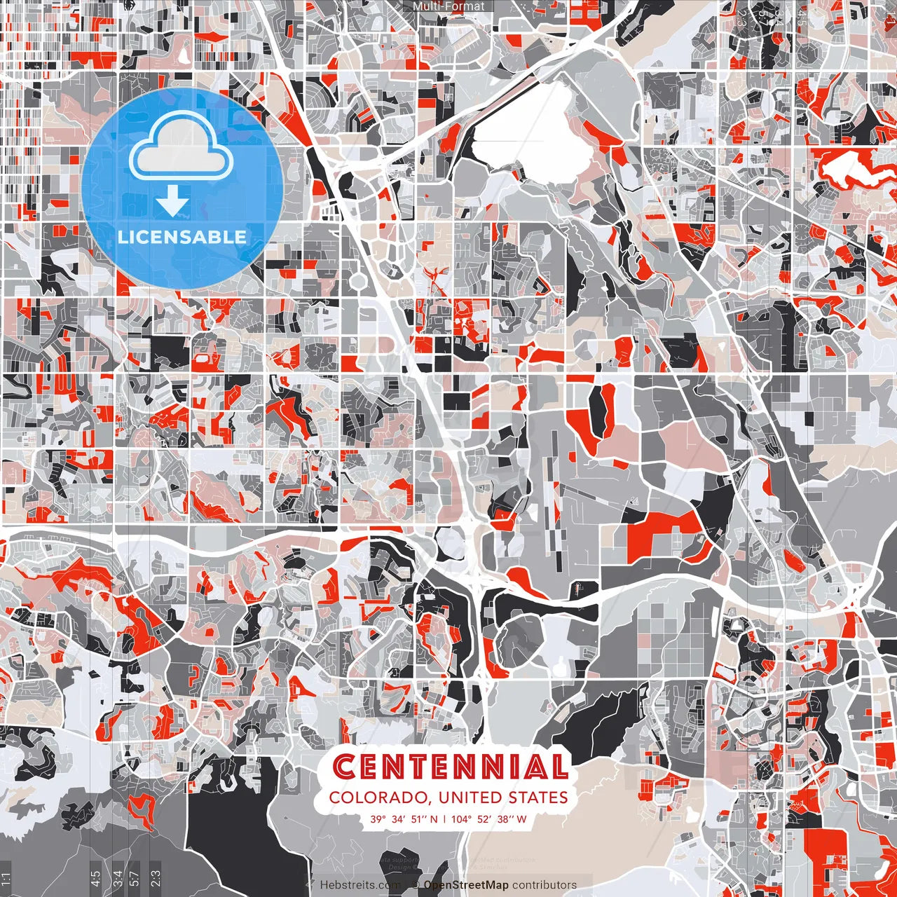 Centennial, Colorado, United States - modern street map poster template with gray and red tones
