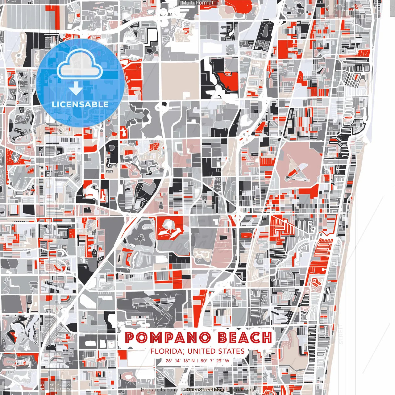 Pompano Beach, Florida, United States - modern street map poster template with gray and red tones