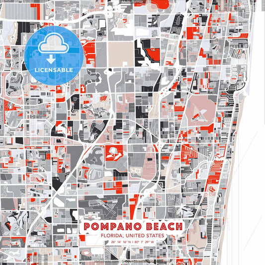 Pompano Beach, Florida, United States - modern street map poster template with gray and red tones