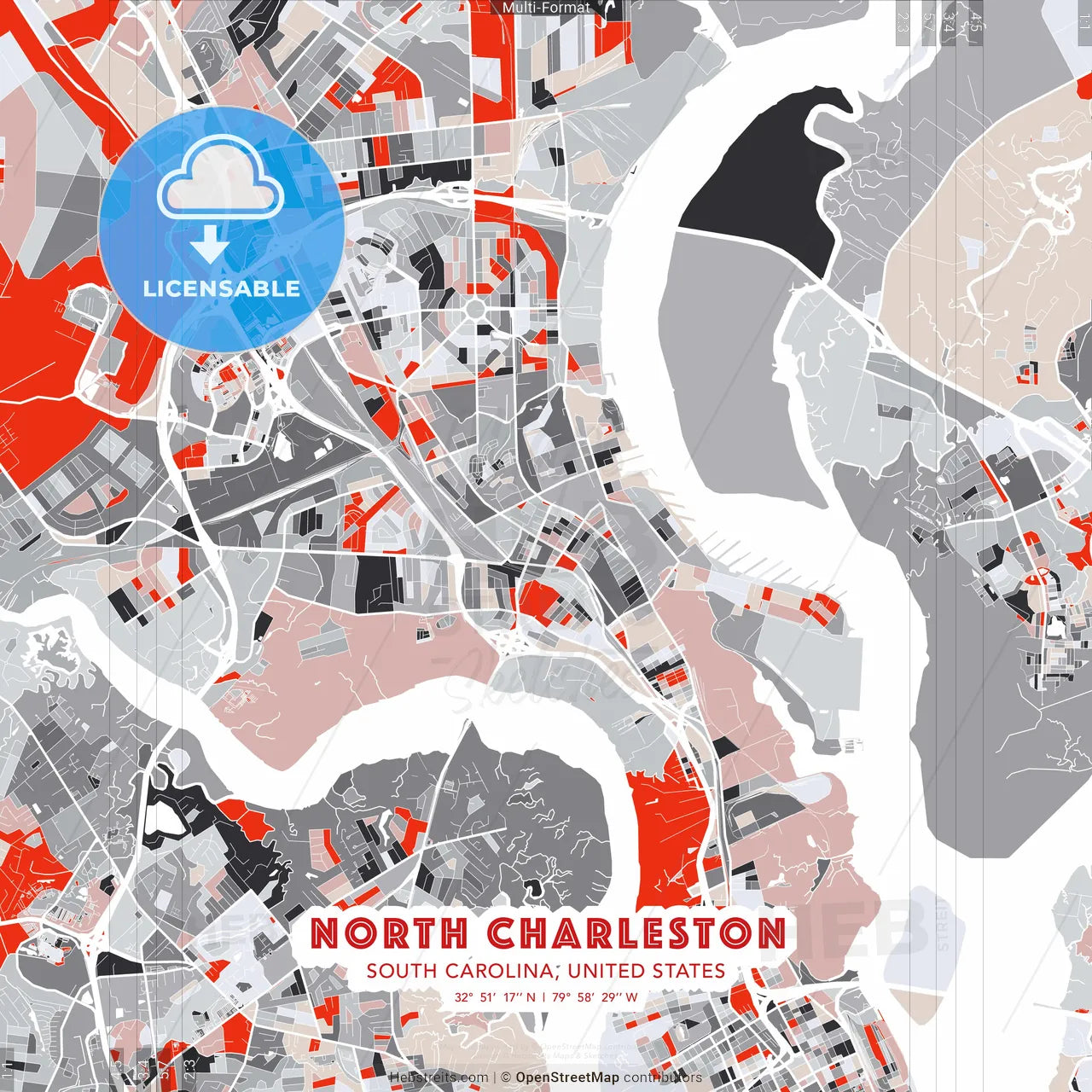 North Charleston, South Carolina, United States - modern street map poster template with gray and red tones