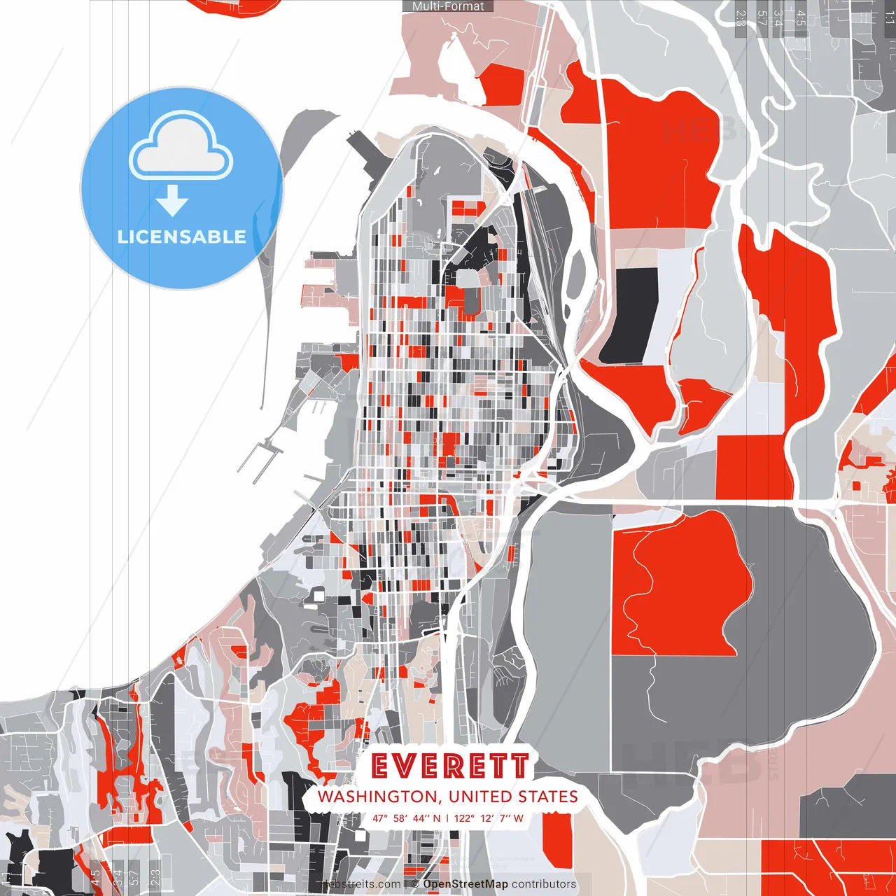 Everett, Washington, United States - modern street map poster template with gray and red tones