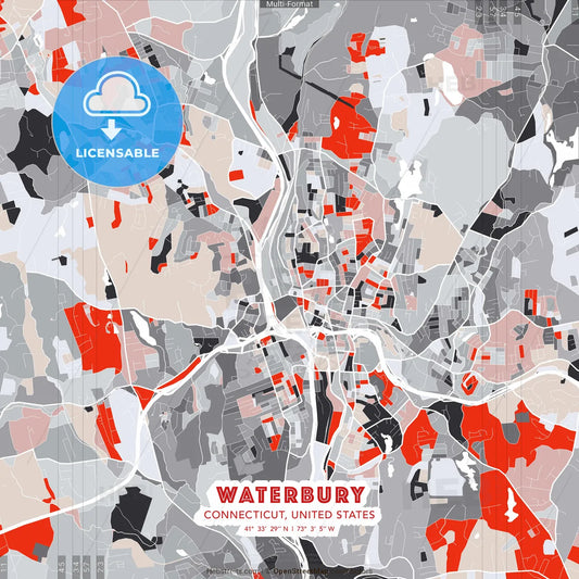 Waterbury, Connecticut, United States - modern street map poster template with gray and red tones