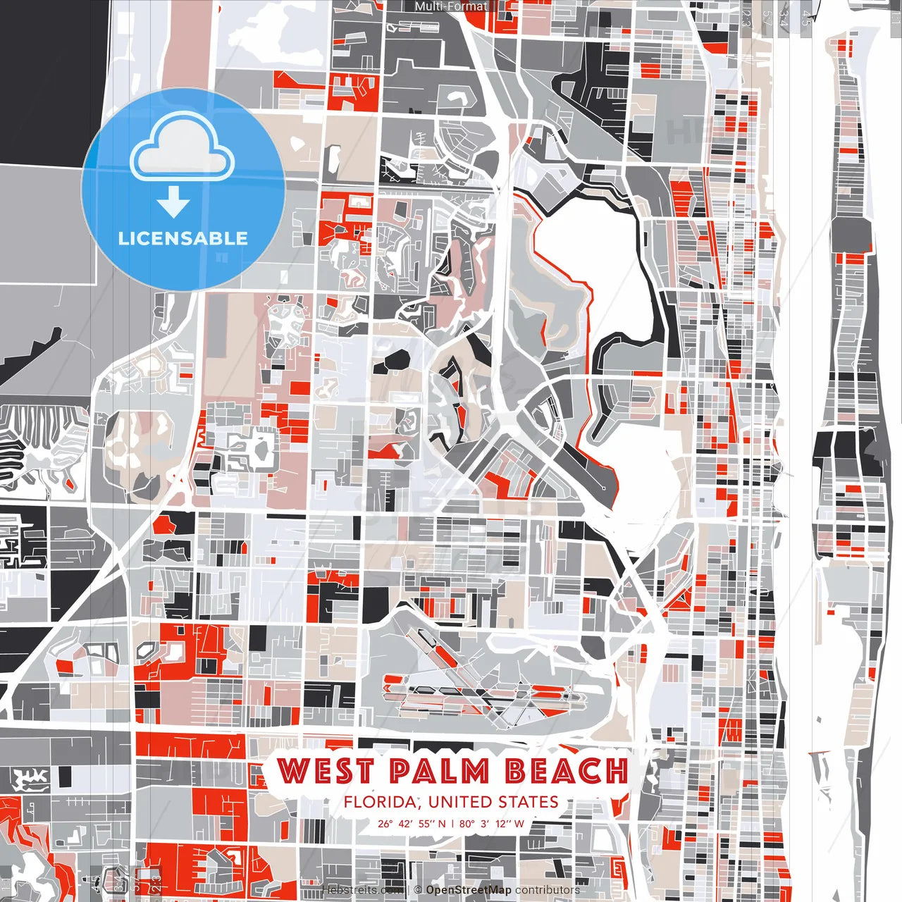 West Palm Beach, Florida, United States - modern street map poster template with gray and red tones