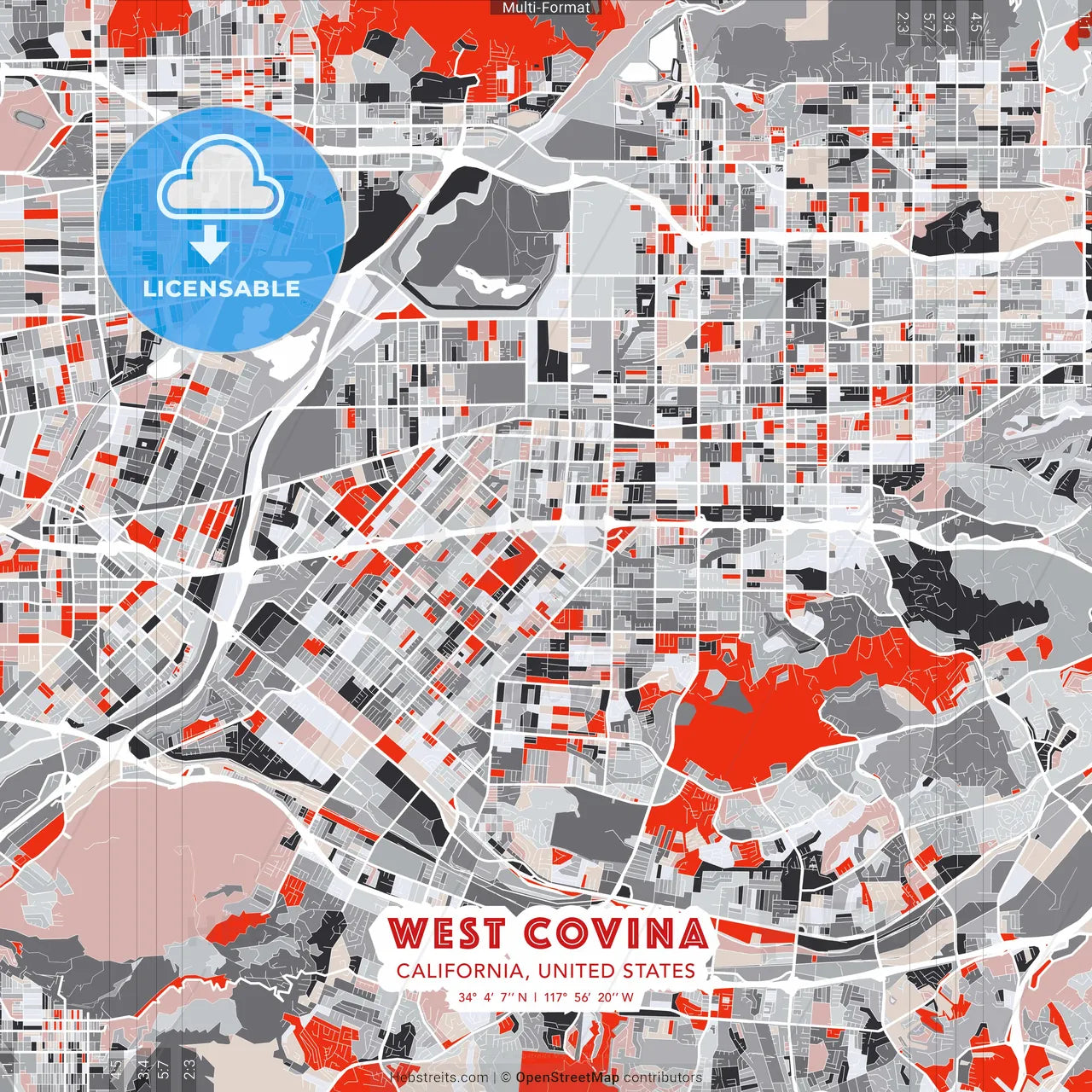 West Covina, California, United States - modern street map poster template with gray and red tones