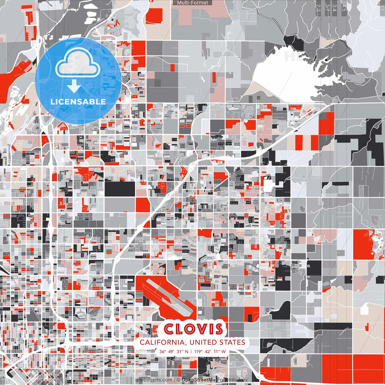 Clovis, California, United States - modern street map poster template with gray and red tones