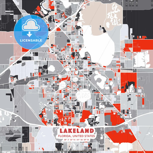Lakeland, Florida, United States - modern street map poster template with gray and red tones