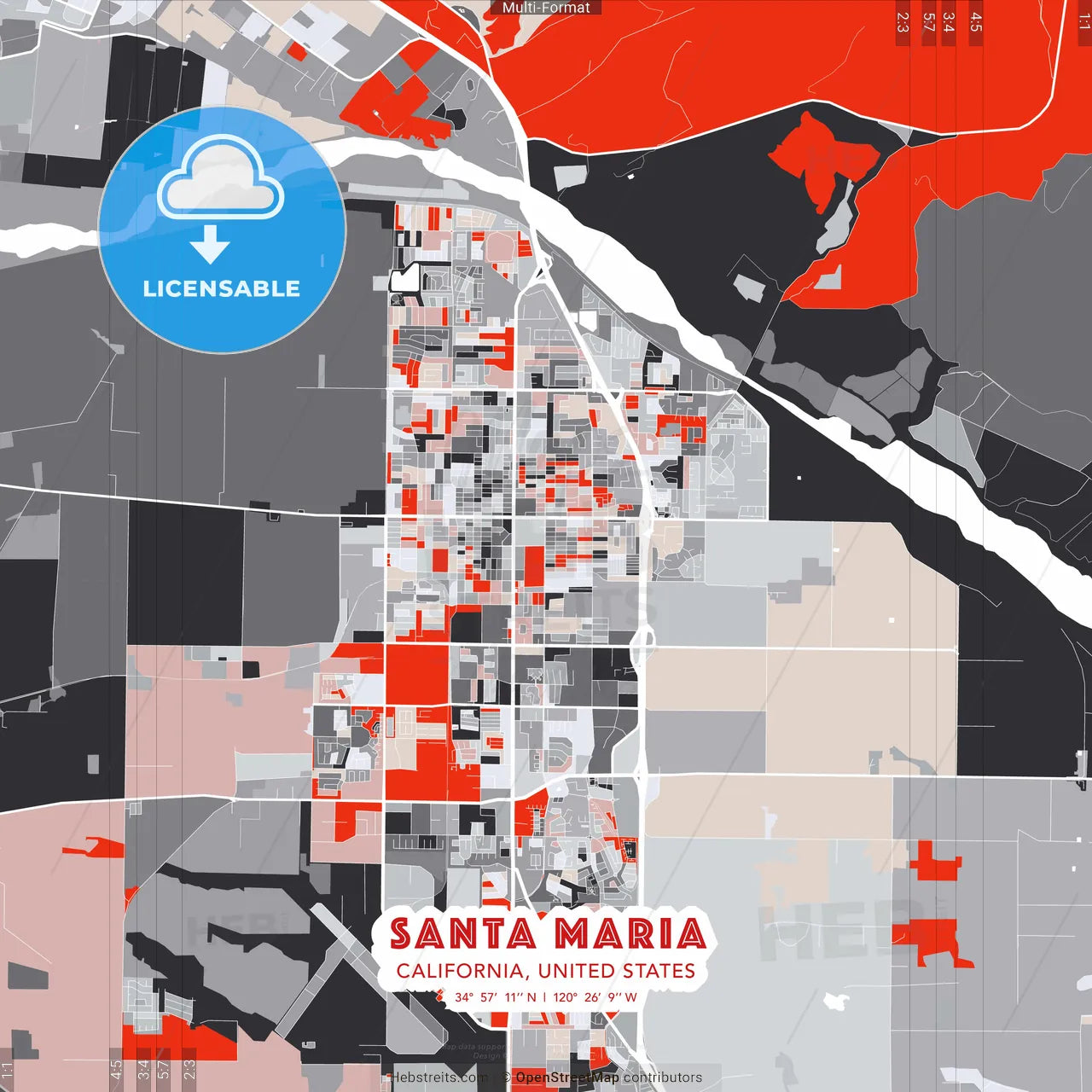 Santa Maria, California, United States - modern street map poster template with gray and red tones