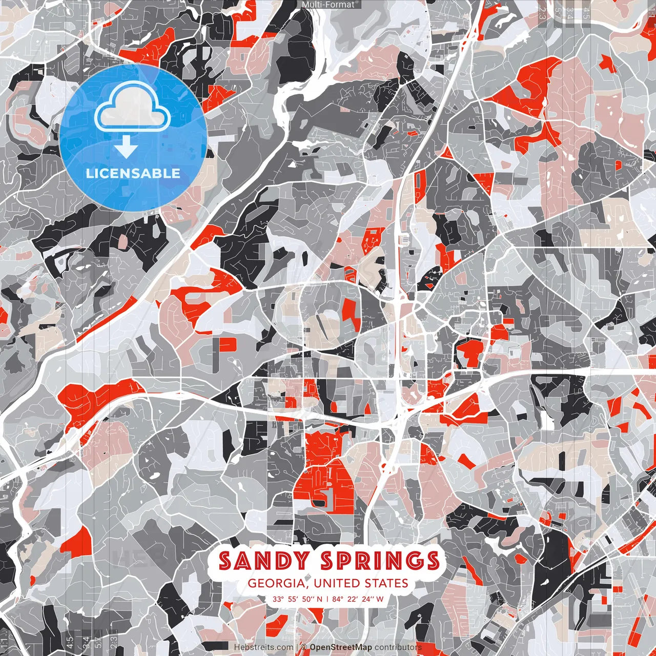 Sandy Springs, Georgia, United States - modern street map poster template with gray and red tones