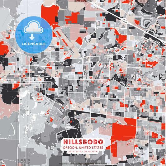 Hillsboro, Oregon, United States - modern street map poster template with gray and red tones