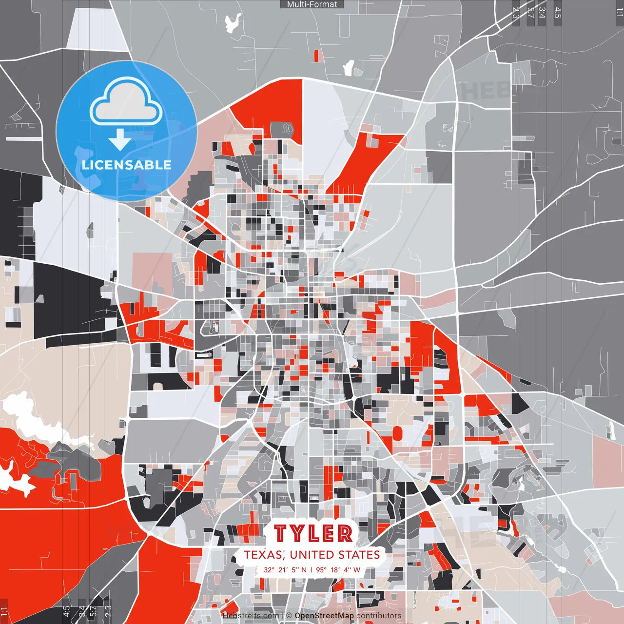 Tyler, Texas, United States - modern street map poster template with gray and red tones
