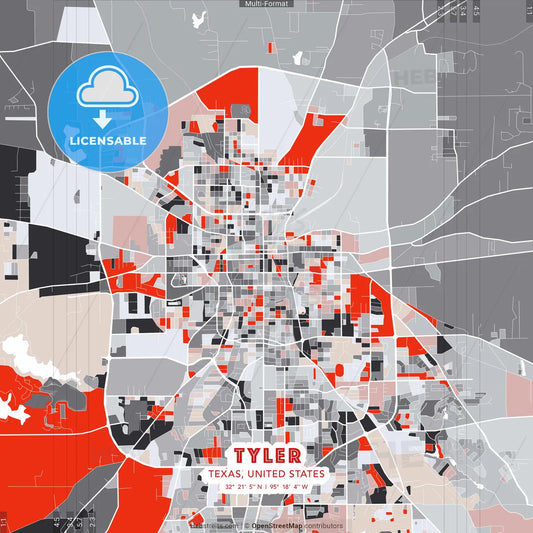 Tyler, Texas, United States - modern street map poster template with gray and red tones