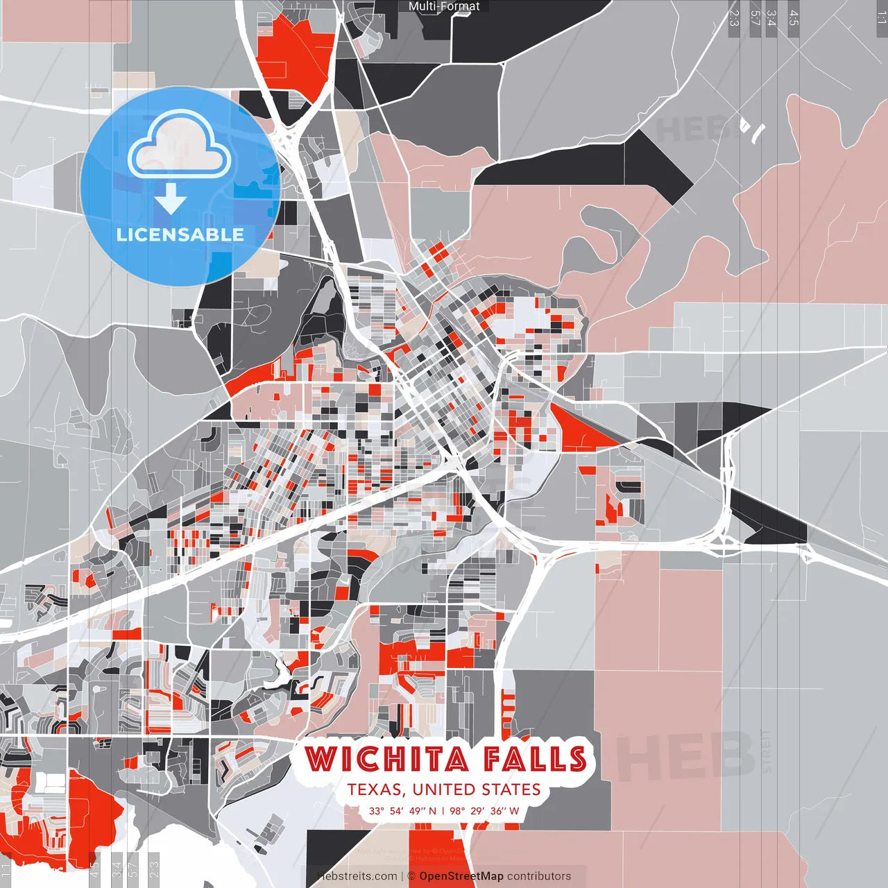 Wichita Falls, Texas, United States - modern street map poster template with gray and red tones