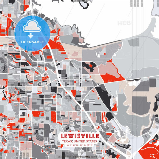 Lewisville, Texas, United States - modern street map poster template with gray and red tones