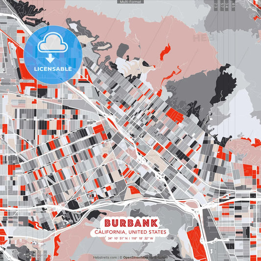 Burbank, California, United States - modern street map poster template with gray and red tones