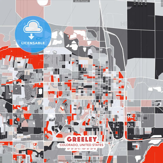 Greeley, Colorado, United States - modern street map poster template with gray and red tones