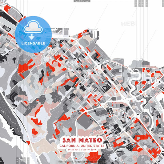 San Mateo, California, United States - modern street map poster template with gray and red tones