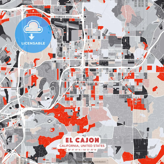 El Cajon, California, United States - modern street map poster template with gray and red tones