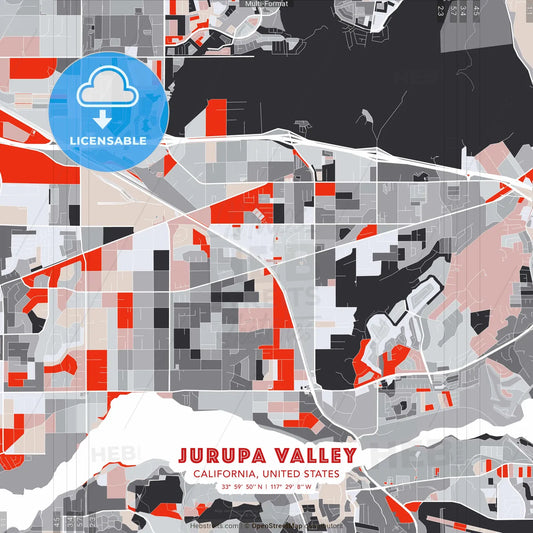 Jurupa Valley, California, United States - modern street map poster template with gray and red tones